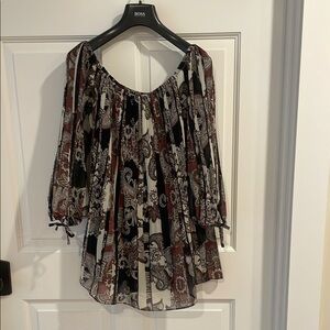 Pretty, long, Tribal Jeans off the shoulder blouse